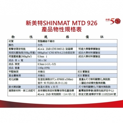 新美特SHINMAT MTD926隔音墊暨九元固定支撐架-產品物性規格表